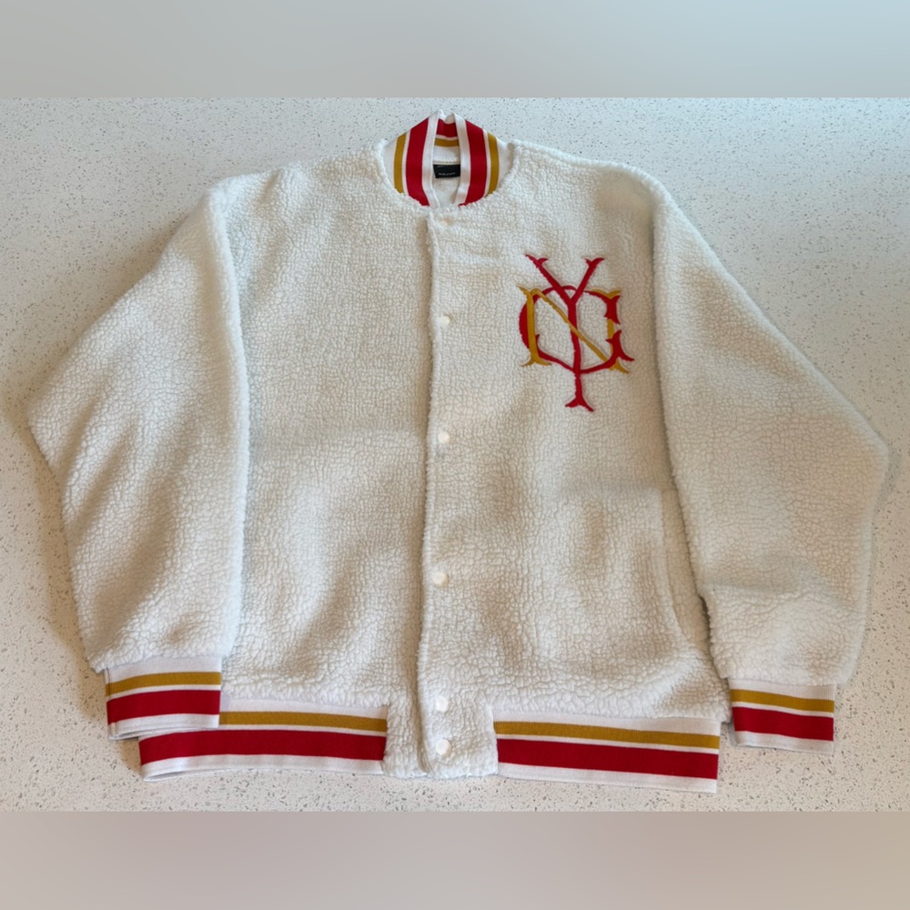 White Boucle Oversized NYC Varsity Jacket